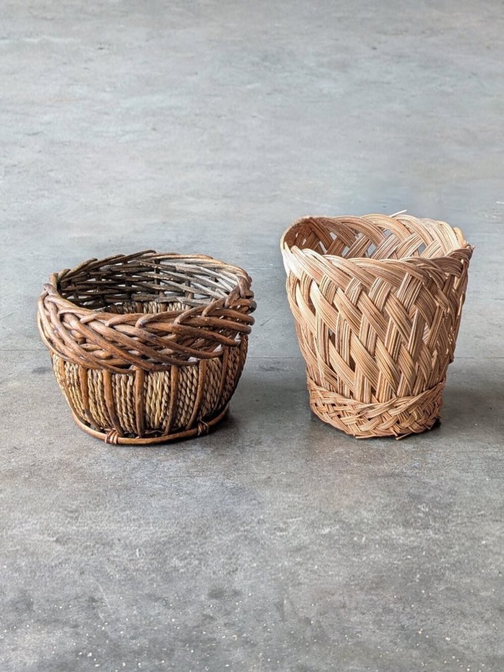 Vintage Brown Wicker Straw Basket Planters Set of Two